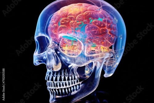 Skull and head anatomy, cranium, pate, and crossbones. Utilizing X-ray with contrast agents, ionizing radiation absorption and beam technology. Soft tissue and bone density radiolucent radiopaque mind