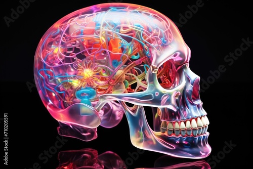 Skull and head anatomy, cranium, pate, and crossbones. Utilizing X-ray with contrast agents, ionizing radiation absorption and beam technology. Soft tissue and bone density radiolucent radiopaque mind photo