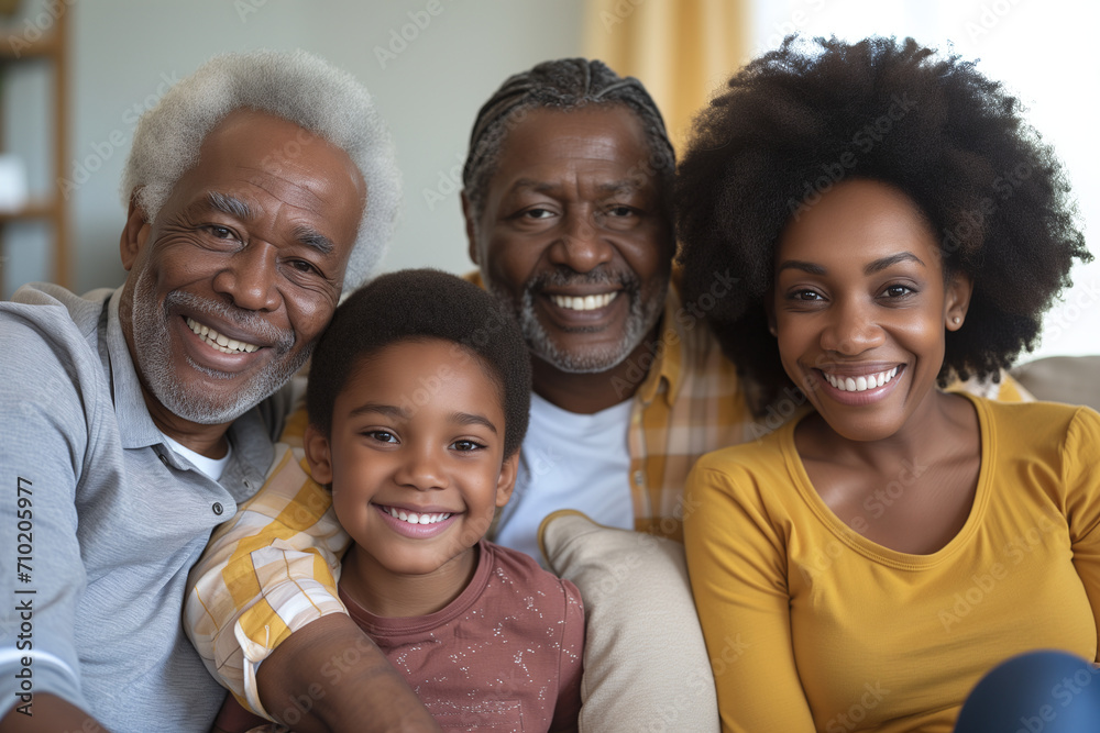 An African-American family celebrating together at their home, all smiling.