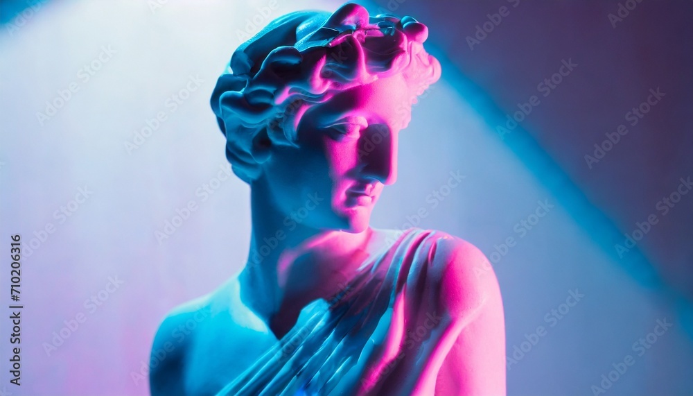 Gypsum statue of Apollo's bust. Statue vapor wave background concept.
Gypsum statue of Apollo's bust. Statue vapor wave background concept.