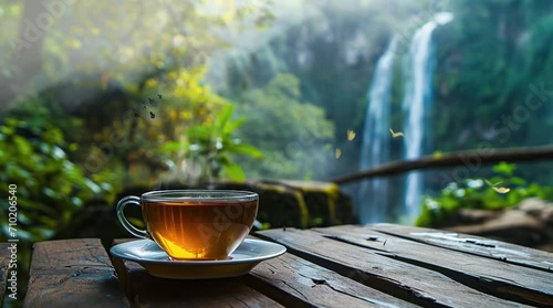 cup of tea with beautiful waterfall background Seamless looping 4k time-lapse virtual video animation background. Generated AI photo