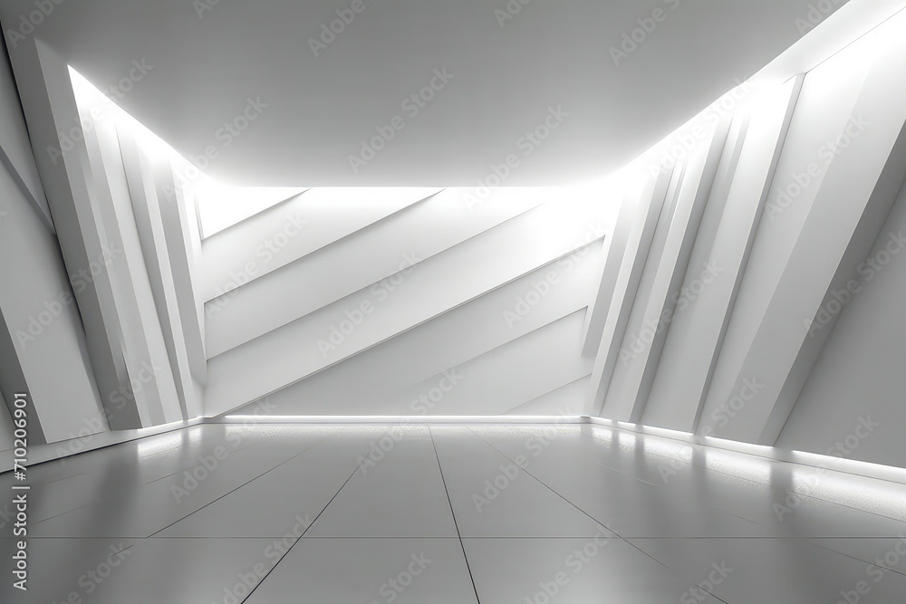 Fototapeta premium White clean empty interior room with indirect light from right and cornered back walll. 3d rendering.