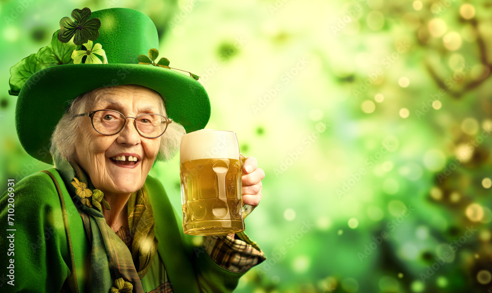 St. Patricks Day, Generations of Joy: Smiling Senior Celebrates St. Patrick's Tradition with Beer in Festive Green Scene. St. Patricks Day, Generations of Joy: Smiling Senior Celebrates St. Patrick's Tradition with Beer in Festive Green Scene.
