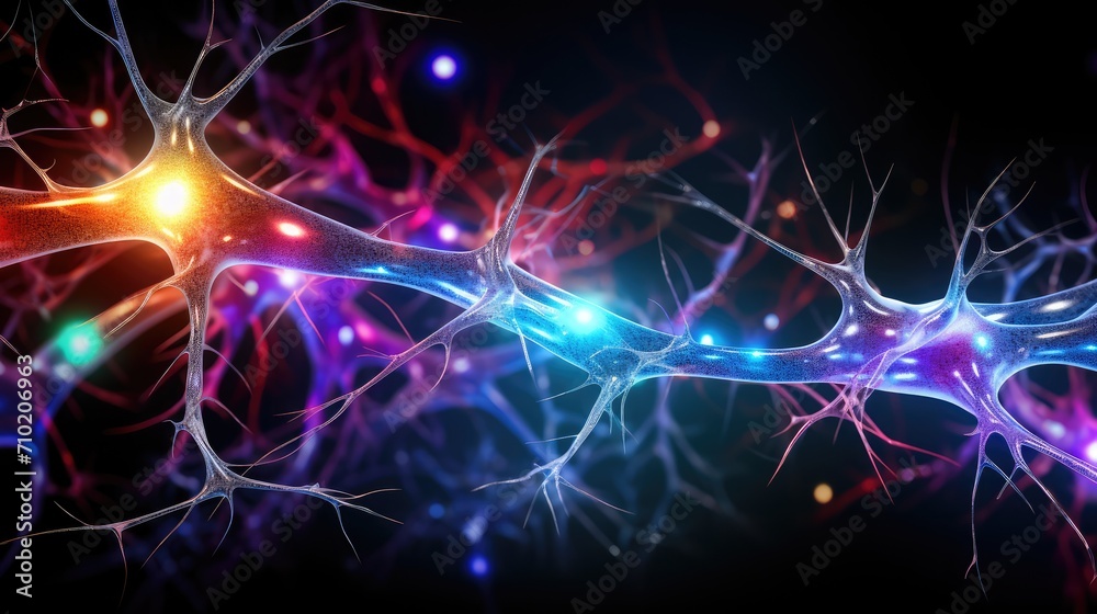 Fototapeta premium Neuronal network with neurons and synapses in brain. Neurological diseases like epilepsy and schizophrenia. Neuroimaging for diagnostic, neuromodulation and therapeutic aid neurofeedback brain mapping