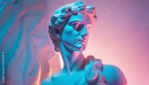 Gypsum statue of Apollo's bust. Statue vapor wave background concept. 