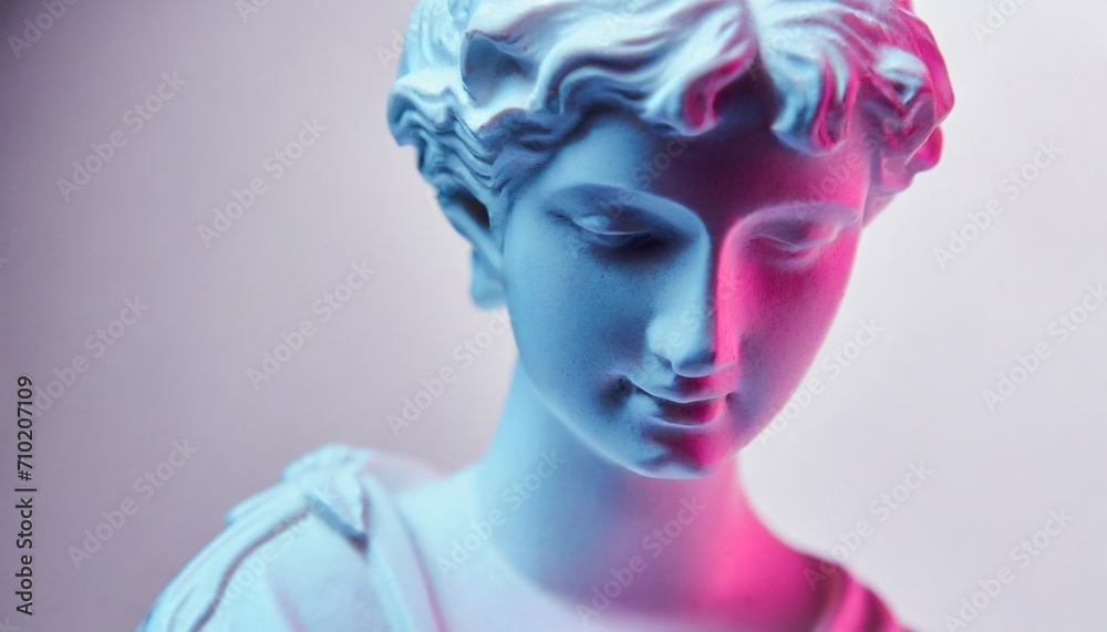 Gypsum statue of Apollo's bust. Statue vapor wave background concept.	
