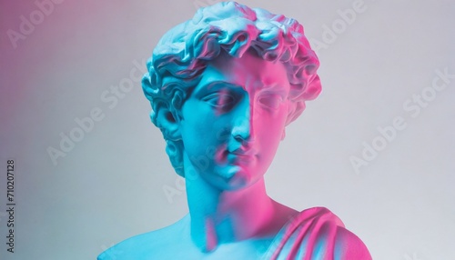 Gypsum statue of Apollo's bust. Statue vapor wave background concept