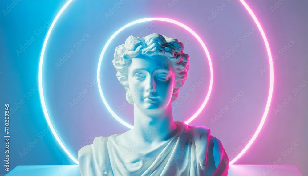 Gypsum statue of Apollo's bust. Statue vapor wave background concept.
Gypsum statue of Apollo's bust. Statue vapor wave background concept.