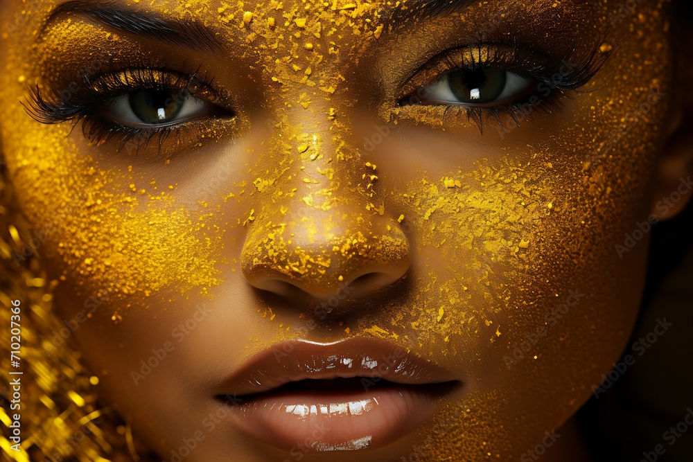 Woman face with yellow glittering paint.