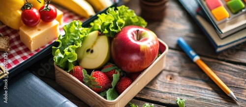 Focused on the table, a healthy lunchbox contains books, fruits, and an apple.