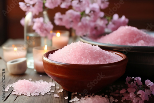 Pink salt in bowl for spa.