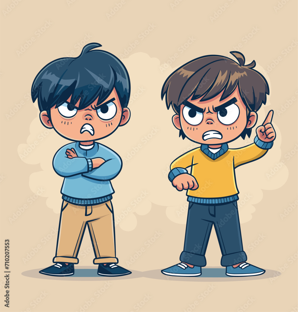 Two cartoon boys arguing, one with arms crossed, another pointing finger, angry expressions. Kids dispute, conflict, brotherhood issues vector illustration. Two cartoon boys arguing, one with arms crossed, another pointing finger, angry expressions. Kids dispute, conflict, brotherhood issues vector illustration.