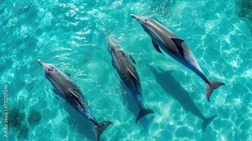 Photo of four dolphins swimming gracefully through turquoise waters. The water is so clear that the bodies of the dolphins are visible from above the surface Ai Generated