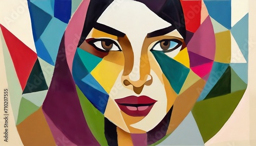  Abstract woman face colorful. Feminine abstraction poster in colorful pallette. Creative geometric female pattern in cubism style.