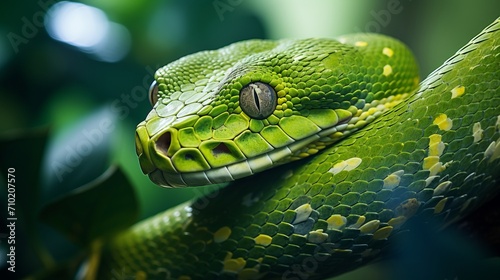 Intricate close up shot of a magnificent green snake coiled on a vibrant jungle branch