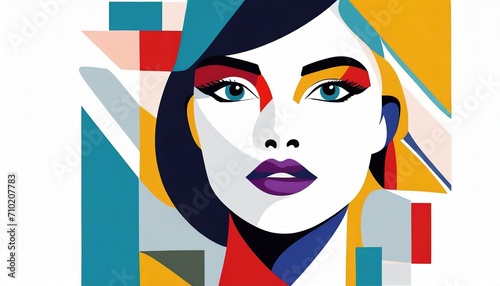 Abstract woman face colorful. Feminine abstraction poster in colorful pallette. Creative geometric female pattern in cubism style.  © adobedesigner