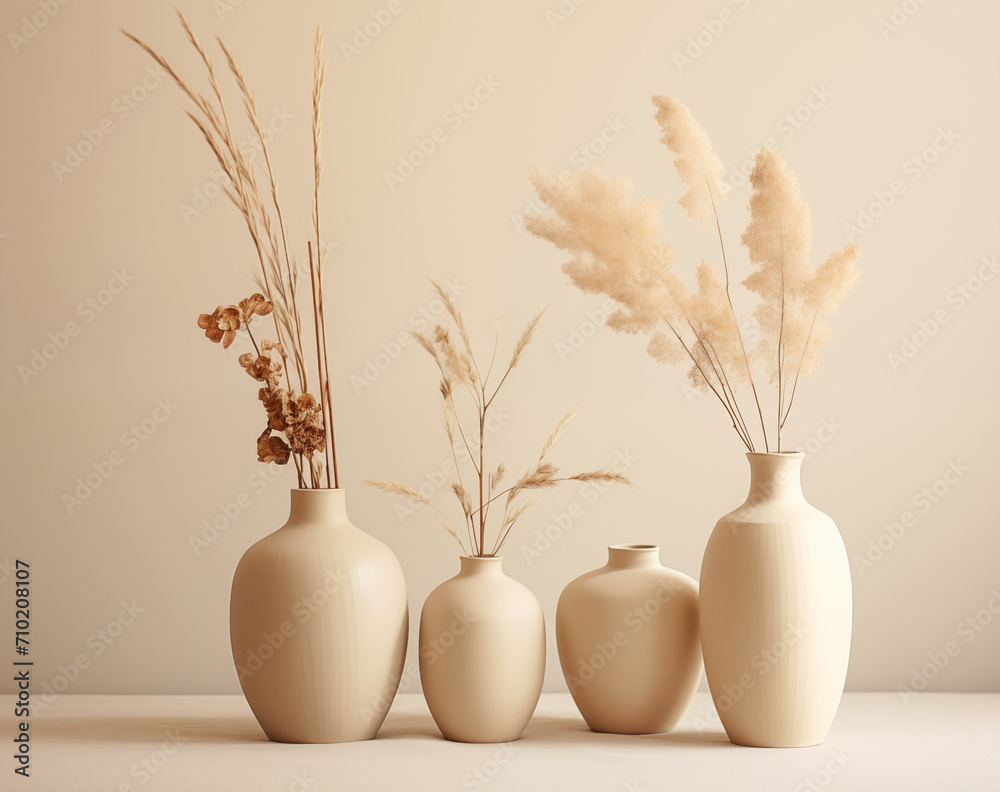a small vase of dried flowers on a table near an arm chair, minimalist sets, light beige