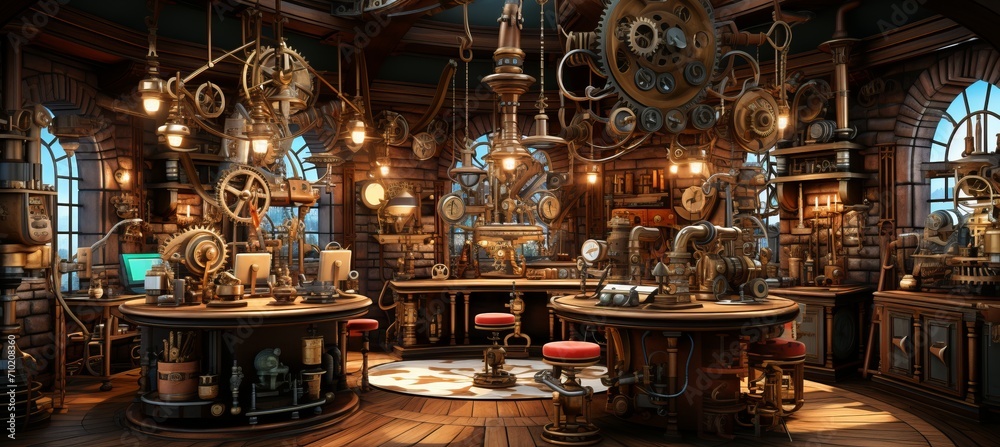 Steampunk laboratory with brass machinery, glowing concoctions, and stained glass windows - obrazy, fototapety, plakaty 