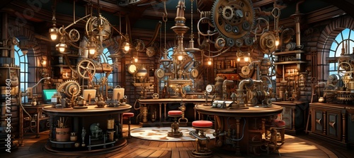 Steampunk laboratory with brass machinery, glowing concoctions, and stained glass windows