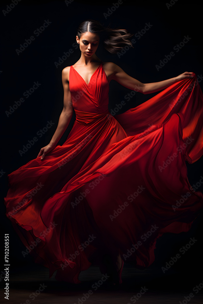 Dancer with red vibrant dress in classical style ballet pose, black background