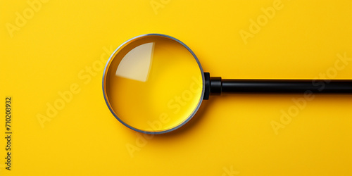 Realistic clean and colorful magnifying glass, illustration on bottom left corner over orange pastel background with copy space Magnifier magnifying exclamation mark on yellow background. photo