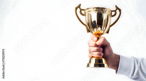 Hand triumphantly holding up a gold trophy cup against a white background  symbolizing victory