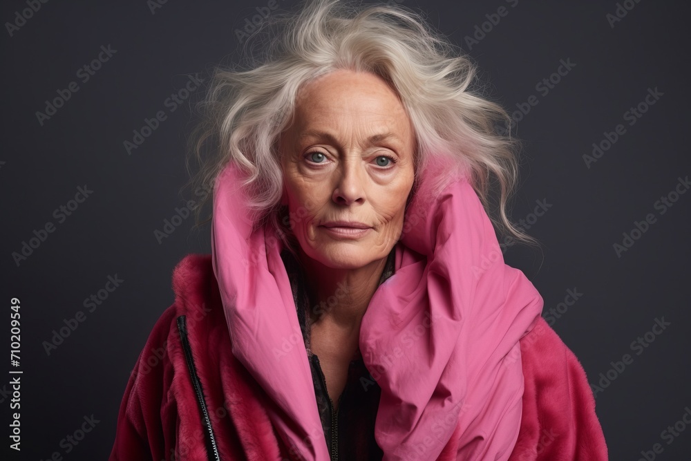 Portrait of a senior woman with grey hair wearing a pink jacket.