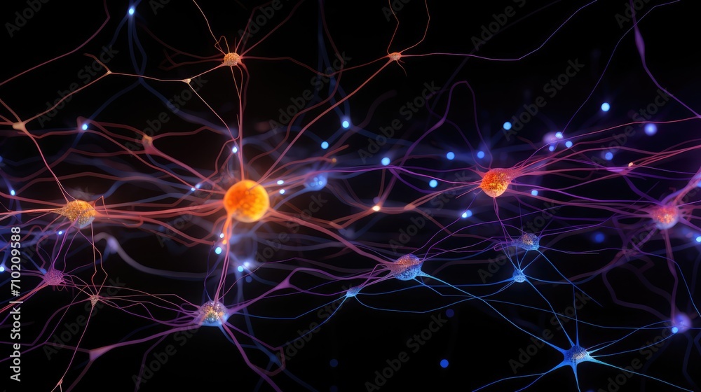 Neuronal network neurons, synapses, connections to Peripheral Nervous System (PNS). Brain hemispheres, frontal, temporal, parietal, and occipital lobes. Broca's and Wernicke's areas, and motor cortex