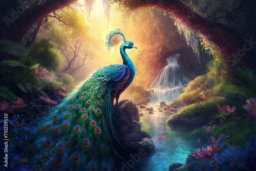 A peacock in a beautiful tropical setting by a waterfall. 