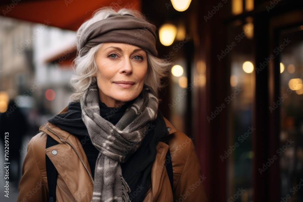 Portrait of a beautiful middle-aged woman in a hat and scarf. Portrait of a beautiful middle-aged woman in a hat and scarf.