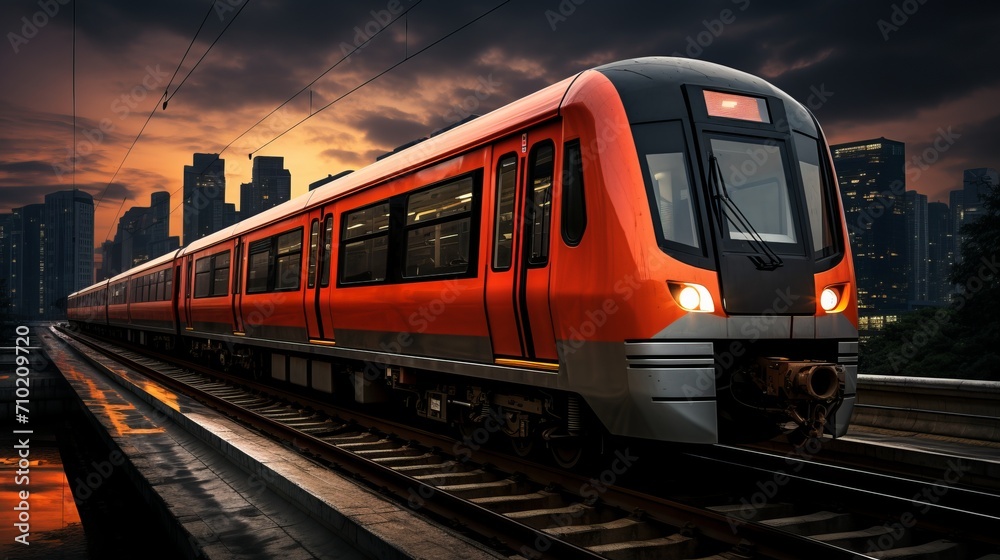 Sleek and sophisticated modern subway train gracefully speeding through urban landscape