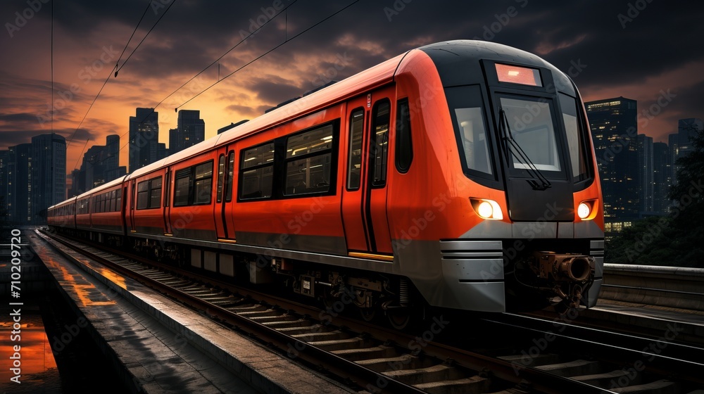 Sleek and sophisticated modern subway train gracefully speeding through urban landscape Sleek and sophisticated modern subway train gracefully speeding through urban landscape