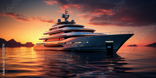 Ship, yacht and sea travel at sunrise for holiday, vacation and tourism in nature ocean beautiful luxury yachts in the seaport.AI Generative © sumia