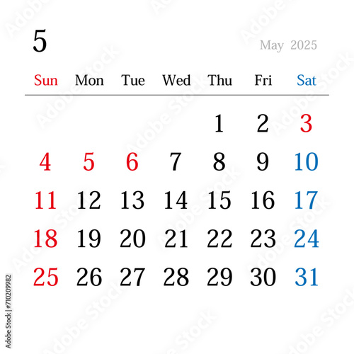 2025年5月、日本のカレンダー