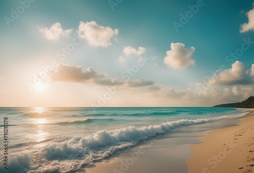 Beautiful background image of tropical beach Bright summer sun over ocean Blue sky with light clouds © ArtisticLens