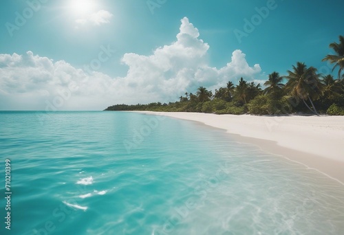 Beautiful beach with white sand turquoise ocean water and blue sky with clouds in sunny day Natural