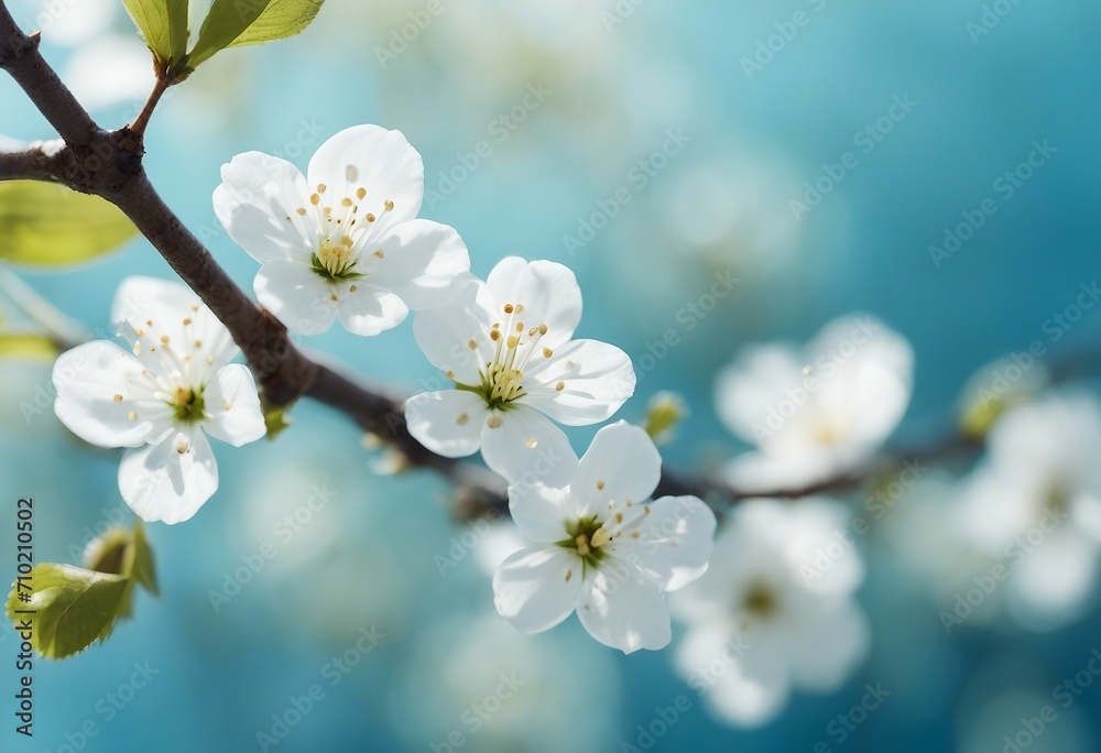 Beautiful curved branches with white cherry flowers in spring close-up on a blue soft background Lig
