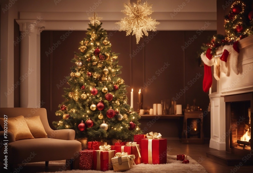 Beautiful elegant Christmas tree with Golden balls and gifts on defocused warm evening background of
