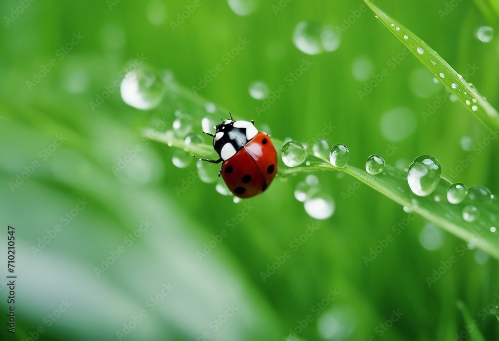 Beautiful large clean droplets of morning dew and ladybug in summer spring in green grass on nature Beautiful large clean droplets of morning dew and ladybug in summer spring in green grass on nature