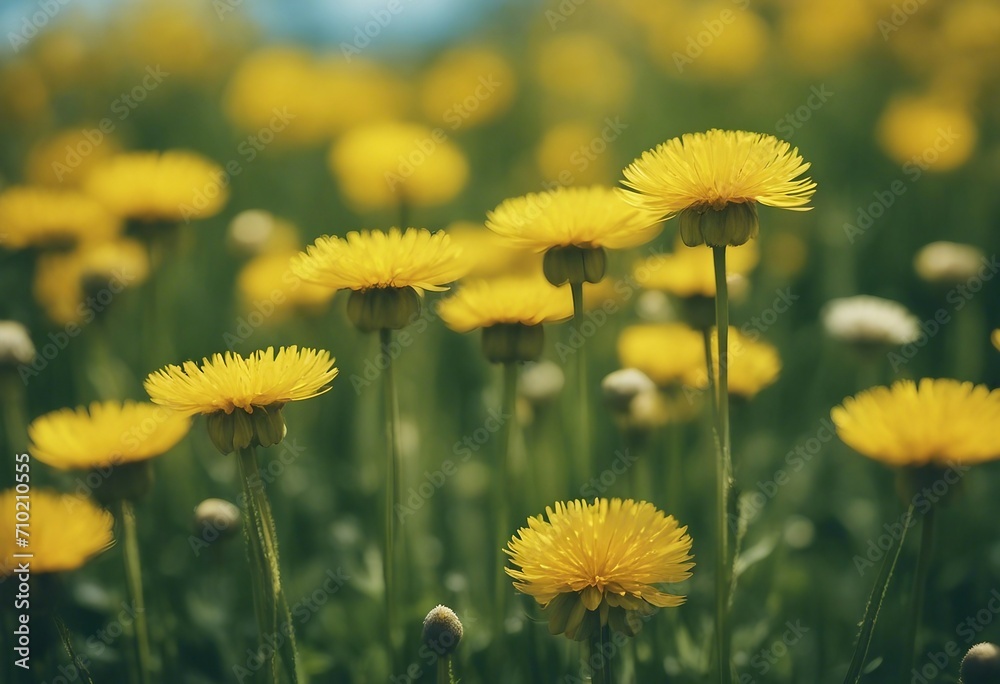 Beautiful flowers of yellow dandelions in nature in warm summer or spring on meadow against blue sky