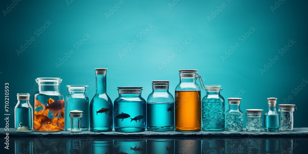 a row of colorful bottles with different colored liquids .vaccine vial for medical injection medicine Different bills and bottles for pharmaceutical and healthcare purposes blue background.