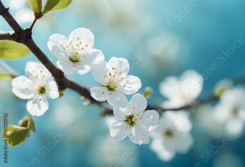 Beautiful curved branches with white cherry flowers in spring close-up on a blue soft background Lig © ArtisticLens