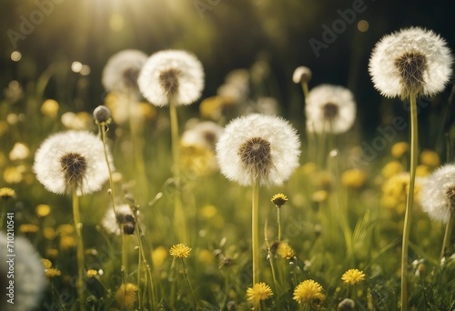 Beautiful flowers of yellow dandelions in nature in warm summer or spring on meadow in sunlight macr