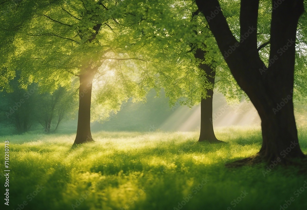 Beautiful spring background View of natural park with a green lawn through young juicy foliage of tr Beautiful spring background View of natural park with a green lawn through young juicy foliage of tr