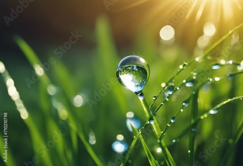 Beautiful water drop sparkle on a blade of grass in sunlight macro Big droplet of morning dew outdoo