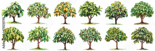 Set of cocoa tree watercolor illustration isolated on white background photo