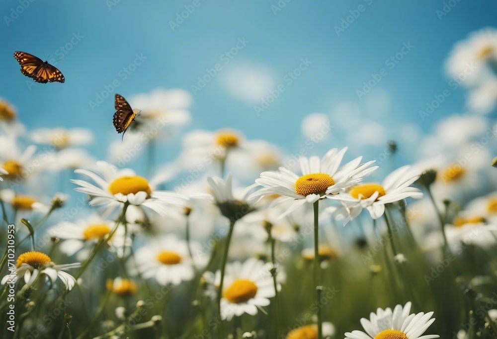 Chamomiles daisies macro in summer spring field on background blue sky with sunshine and a flying bu Chamomiles daisies macro in summer spring field on background blue sky with sunshine and a flying bu