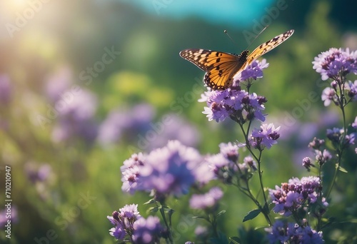 Butterflies flutter over small wild purple flowers in nature outdoors against blue sky Spring summer