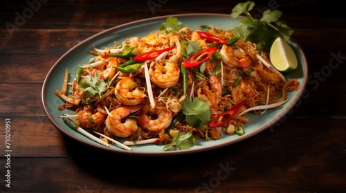 A composition featuring Pad Thai with shrimp, beautifully arranged on a textured surface, highlighting the dish's enticing appeal.