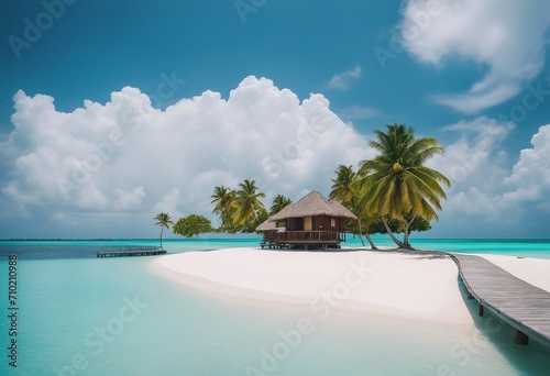 Coconut Palm tree on amazing perfect white sandy beach in island of Maldives panoramic view Water bu